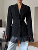Women's Slim Fit Single Breasted Polyester Lace Blazer with Suit Collar Long Sleeves for Office in Winter Black White
