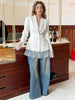 Women's Slim Fit Single Breasted Polyester Lace Blazer with Suit Collar Long Sleeves for Office in Winter Black White