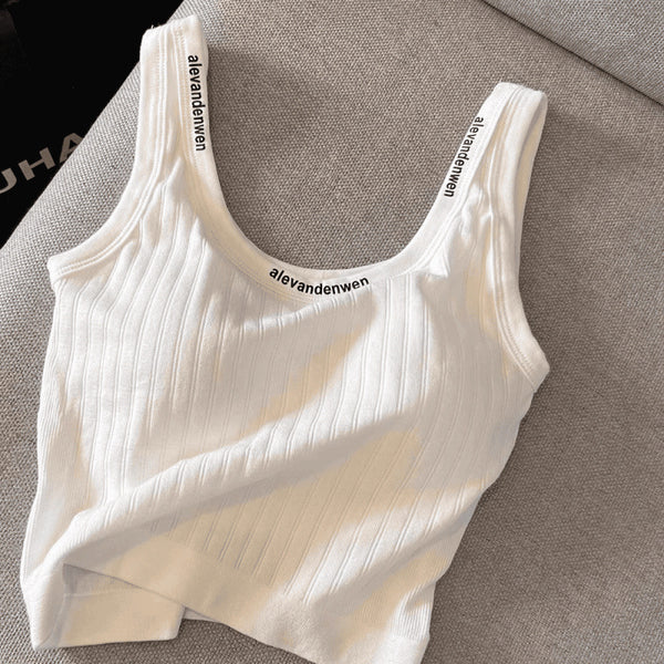 Women's Slim Fit Nylon Sleeveless Shoulder Strap Vest with Chest Pad and Letter Print for Summer in White