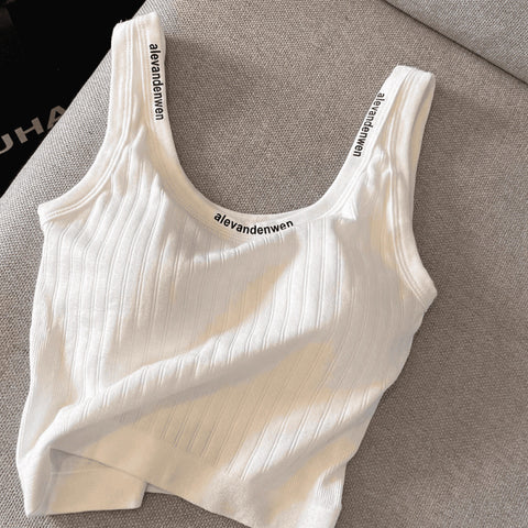 Women's Slim Fit Nylon Sleeveless Shoulder Strap Vest with Chest Pad and Letter Print for Summer in White
