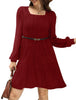 Women's Knit Dress, Square Neck, Long Sleeves and Tiered Skirt