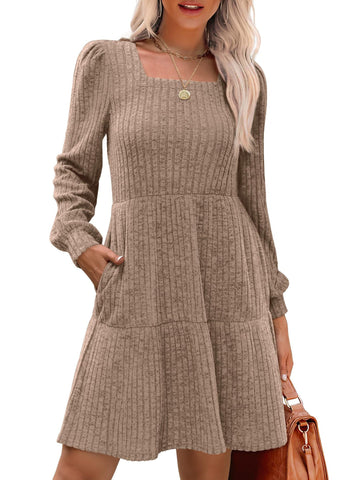 Women's Knit Dress, Square Neck, Long Sleeves and Tiered Skirt