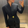 Women's Slim Fit Extra Thick Four-Sided Elastic Single Breasted Jacket with Stand Collar Long Sleeves Elegant Style for Fall in Black