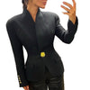 Women's Slim Fit Extra Thick Four-Sided Elastic Single Breasted Jacket with Stand Collar Long Sleeves Elegant Style for Fall in Black