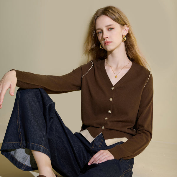 Women's A-shaped Fall Thin Solid Color Long Sleeve Single Row Multiple Buckles Wave Cardigan with Shoulder Strap Style for Autumn