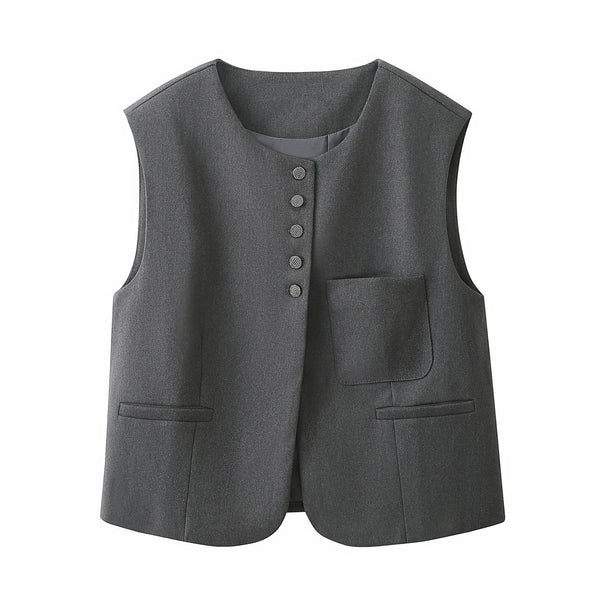 Women's Loose Fit Cotton Solid Color Round Neck Single Row Multi Buckle Cardigan Style Vest with Pocket for Spring Fall in Gray Black