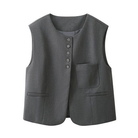 Women's Loose Fit Cotton Solid Color Round Neck Single Row Multi Buckle Cardigan Style Vest with Pocket for Spring Fall in Gray Black