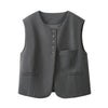 Women's Loose Fit Cotton Solid Color Round Neck Single Row Multi Buckle Cardigan Style Vest with Pocket for Spring Fall in Gray Black