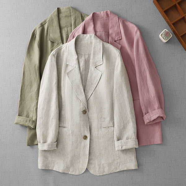 Women's Loose Fit Two Button Cotton Solid Color Suit Collar Street Style Blazer Jacket for Spring in Pink