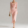 Women's Velvet-Style Long Dress, Draped Neckline, Long Sleeves and Ruched Split Skirt