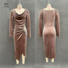 Women's Velvet-Style Long Dress, Draped Neckline, Long Sleeves and Ruched Split Skirt