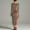 Women's Velvet-Style Long Dress, Draped Neckline, Long Sleeves and Ruched Split Skirt