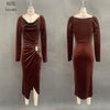 Women's Velvet-Style Long Dress, Draped Neckline, Long Sleeves and Ruched Split Skirt