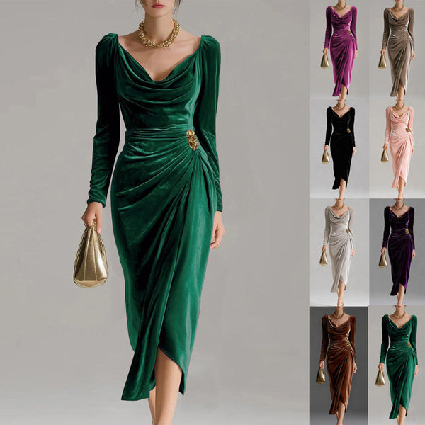 Women's Velvet-Style Long Dress, Draped Neckline, Long Sleeves and Ruched Split Skirt
