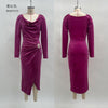 Women's Velvet-Style Long Dress, Draped Neckline, Long Sleeves and Ruched Split Skirt