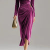 Women's Velvet-Style Long Dress, Draped Neckline, Long Sleeves and Ruched Split Skirt