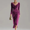 Women's Velvet-Style Long Dress, Draped Neckline, Long Sleeves and Ruched Split Skirt