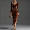 Women's Velvet-Style Long Dress, Draped Neckline, Long Sleeves and Ruched Split Skirt