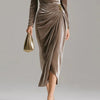 Women's Velvet-Style Long Dress, Draped Neckline, Long Sleeves and Ruched Split Skirt