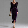 Women's Velvet-Style Long Dress, Draped Neckline, Long Sleeves and Ruched Split Skirt