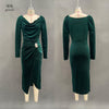 Women's Velvet-Style Long Dress, Draped Neckline, Long Sleeves and Ruched Split Skirt