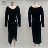 Women's Velvet-Style Long Dress, Draped Neckline, Long Sleeves and Ruched Split Skirt