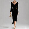 Women's Velvet-Style Long Dress, Draped Neckline, Long Sleeves and Ruched Split Skirt