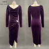 Women's Velvet-Style Long Dress, Draped Neckline, Long Sleeves and Ruched Split Skirt