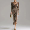 Women's Velvet-Style Long Dress, Draped Neckline, Long Sleeves and Ruched Split Skirt