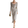 Women's Velvet-Style Long Dress, Draped Neckline, Long Sleeves and Ruched Split Skirt