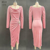 Women's Velvet-Style Long Dress, Draped Neckline, Long Sleeves and Ruched Split Skirt