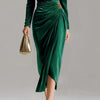 Women's Velvet-Style Long Dress, Draped Neckline, Long Sleeves and Ruched Split Skirt