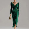 Women's Velvet-Style Long Dress, Draped Neckline, Long Sleeves and Ruched Split Skirt