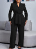 Women's Casual Long Sleeve Solid Color Loose Straight Leg Polyester Two Piece Pants Set for Office Autumn in Khaki Black
