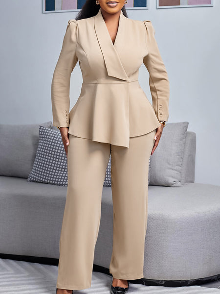 Women's Casual Long Sleeve Solid Color Loose Straight Leg Polyester Two Piece Pants Set for Office Autumn in Khaki Black