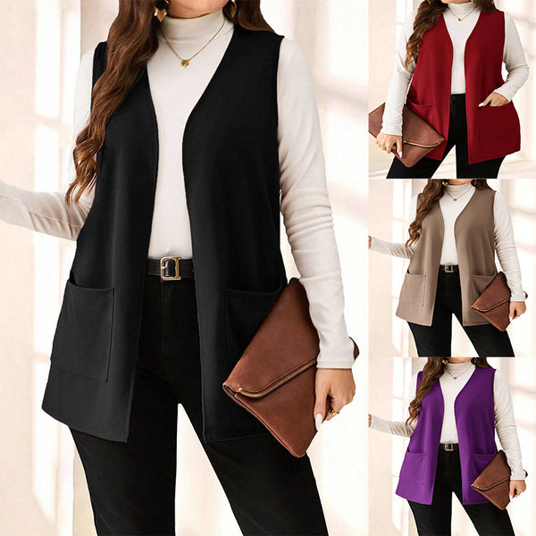 Women's Regular Fit Solid Color Polo Collar Sleeveless Polyester Vest with Pockets for Casual Layering in Black