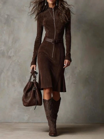 Women's Zip-Front Dress, Stand Collar, Long Sleeves and Shaped Waist