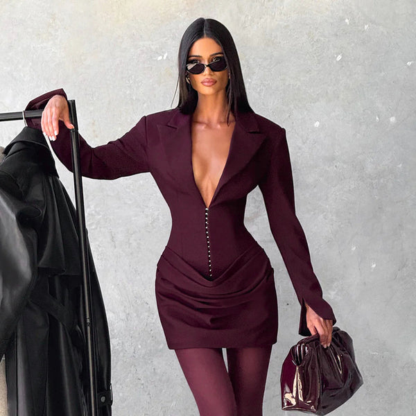 Women's Slim Fit Solid Color Knitted Pullover Dress with Large Lapel in Suit Style for Autumn in White Brown