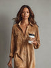Women's Corduroy Shirt Dress, Collar, Button Front and Long Sleeves