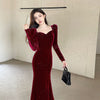 Women's Velvet-Style Mermaid Dress, Long Sleeves and Shaped Neckline