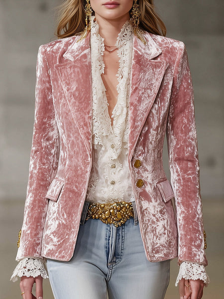 Women's Velvet-Style Blazer, Lapel Collar, Button Front and Long Sleeves