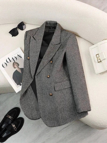 Women's Herringbone Blazer, Notched Lapels, Button Front and Long Sleeves