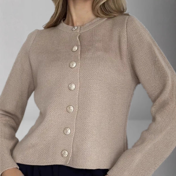 Women's Regular Fit Viscose Solid Color Round Neck Long Sleeve Single Breasted Cardigan with Buttons for Fall Autumn in White