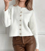 Women's Regular Fit Viscose Solid Color Round Neck Long Sleeve Single Breasted Cardigan with Buttons for Fall Autumn in White
