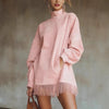 Women's Suede-Style Dress, High Neck, Long Sleeves, Pockets and Fringe Hem