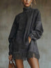 Women's Suede-Style Dress, High Neck, Long Sleeves, Pockets and Fringe Hem