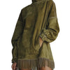 Women's Suede-Style Dress, High Neck, Long Sleeves, Pockets and Fringe Hem