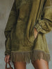 Women's Suede-Style Dress, High Neck, Long Sleeves, Pockets and Fringe Hem