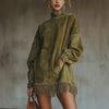 Women's Suede-Style Dress, High Neck, Long Sleeves, Pockets and Fringe Hem