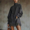 Women's Suede-Style Dress, High Neck, Long Sleeves, Pockets and Fringe Hem